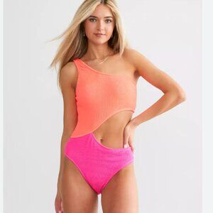 New Cyn & Luca Neon Coral and Pink One Piece Cut Off Swimsuit Size Medium